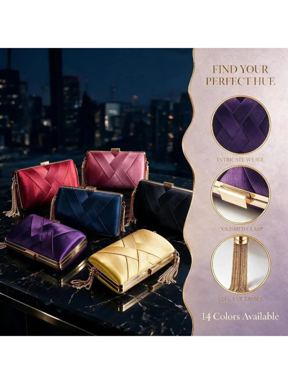 Women's Purple Silk Satin Clutch Purse Pearl Tassel With Chain Evening Bag